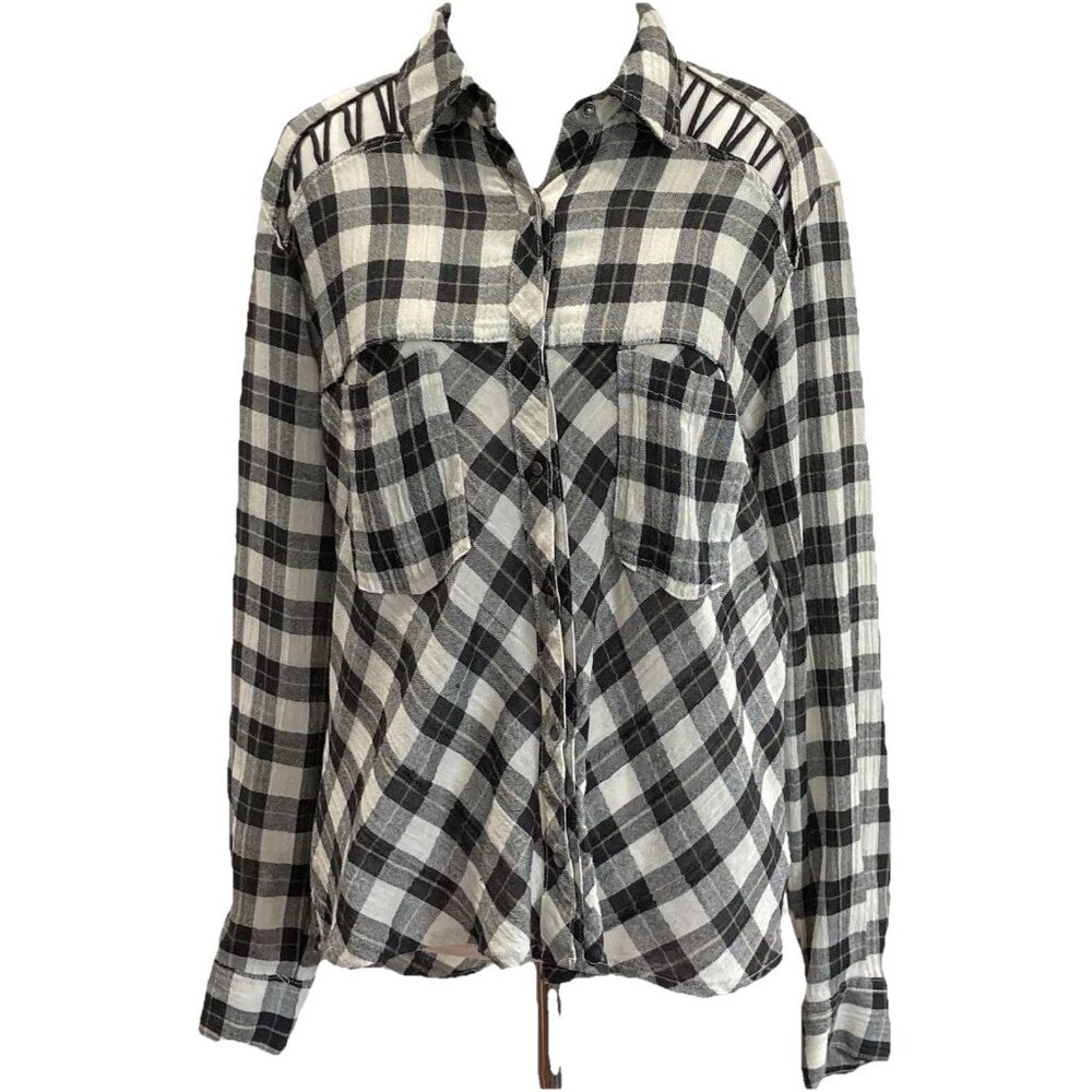 Free People Button Up Shirt Womens XS Black White Plaid Long Sleeve Gauzy Boho